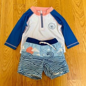 GAP baby swim 2 piece set - 12-18 mo - rash guard and trunks - wave sun pattern